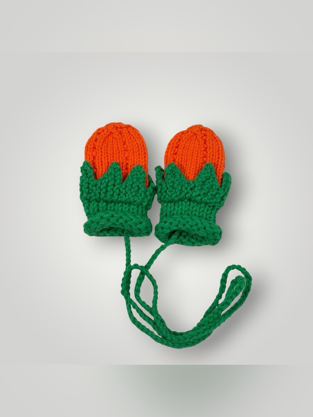 Hand-Knit Orange & Green Kids Mittens with Attached String  0-12 Months - Picture 10 of 10